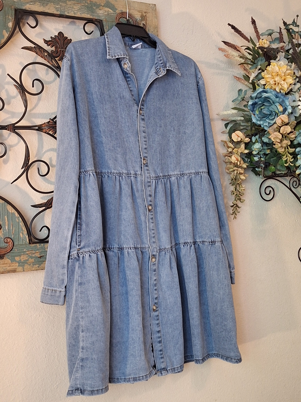 Denim Tiered Button-Front Long Sleeve Dress - Light Blue. Large